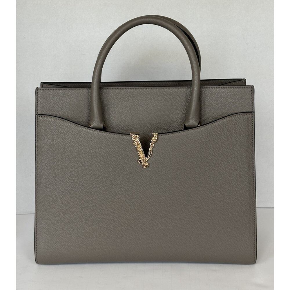Versace Virtus Grainy Calf Leather Grey Large Top Handle Bag 1005961 IT NWT